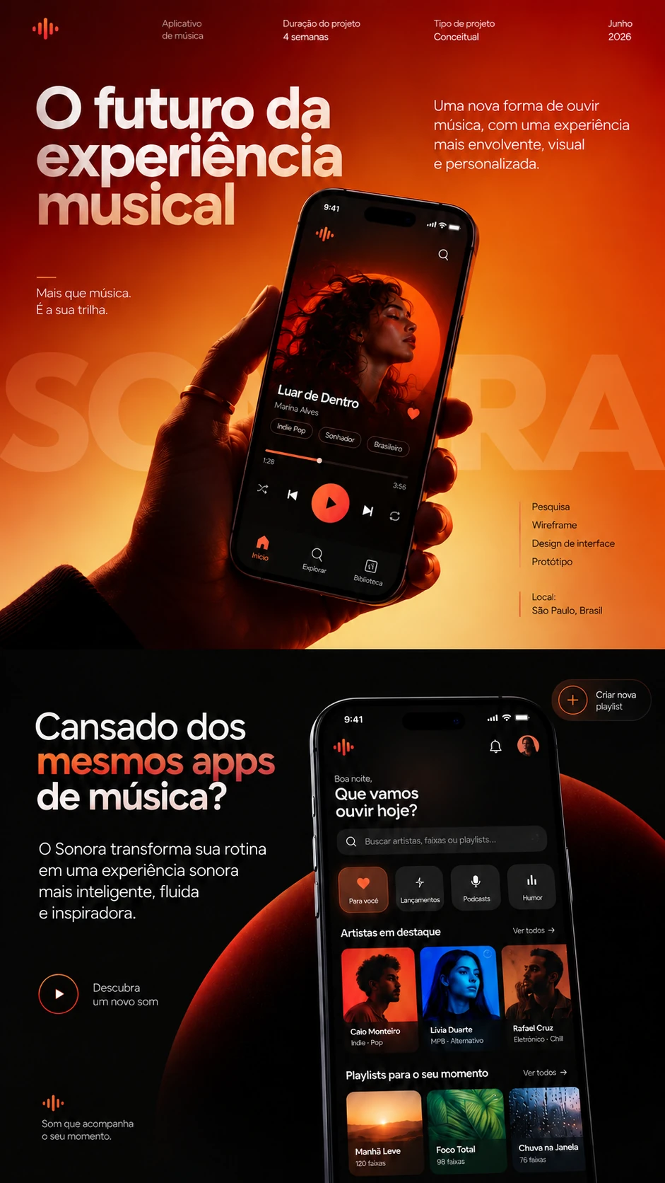 Landing page demonstrativa de música, com apresentação e seções de conteúdo.