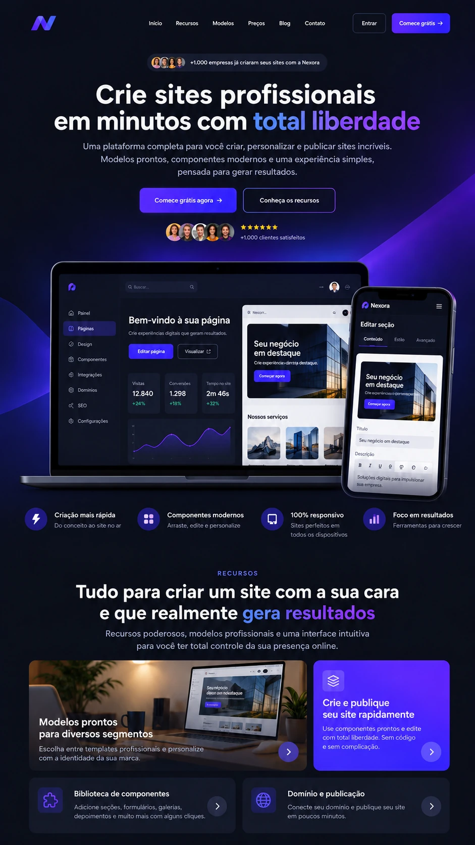 Landing page demonstrativa de sites, com apresentação e seções de conteúdo.