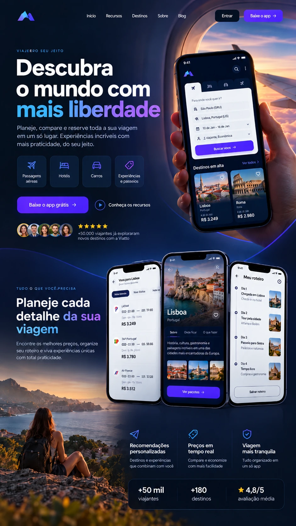 Landing page demonstrativa de viagens, com apresentação e seções de conteúdo.